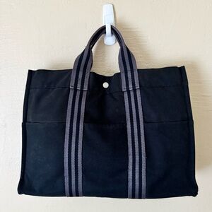 Hermes Large Fouerre Tout Canvas Tote Bag (Black and Gray Stripe)